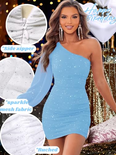 Image of ShawGobow Sparkly Outfits for Women,One Shoulder Ruched Bodycon Short Prom Dress,Sexy Dresses Cocktail Homecoming Nye
