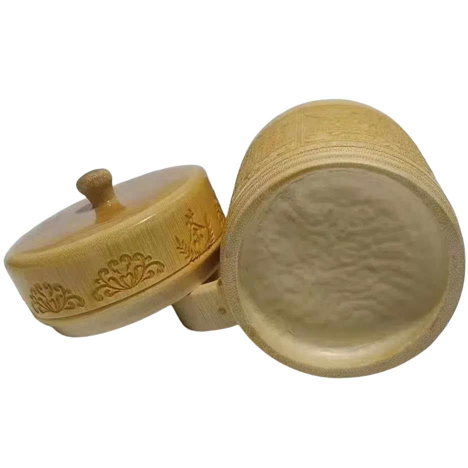 Amazon.co.jp: 伝統的な竹製茶マグカップ 蓋付き 手彫り模様入り 持ち