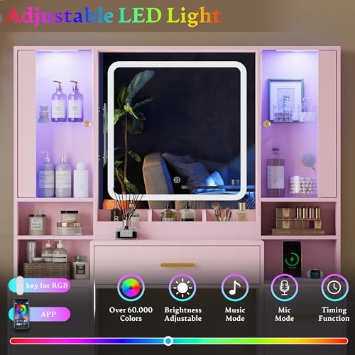 Image of HUANLEGO Makeup Vanity Desk with Mirror and LED Lights for Girls, Pink | Farmhouse Dressing Table Set for Women, LED Glass Cabinet, 7 Drawers, Power Outlet, Hair Dryer, 3 Lighting Modes