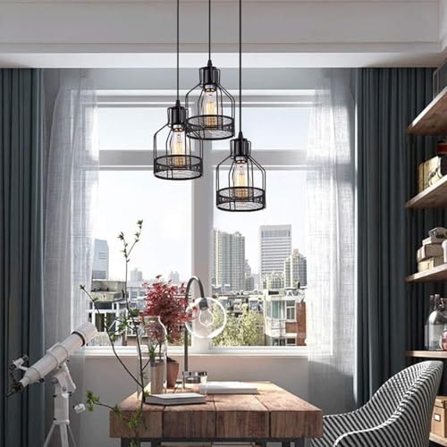 Retro Hanging Lamp 3-Light Dining Room Pendant Light Industrial Black Metal Iron Cage Chandelier Compatible with Bedroom Bar Cafe