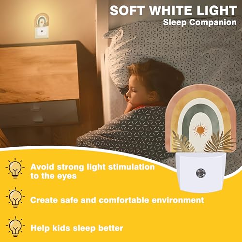 Image of Sun and Leaves Night Light, Boho Rainbow Night Lights Plug into Wall Dusk to Dawn Sensor Round Nightlight for Women Men Energy Efficient Led Lamp 0.5W for Stairway Hallway Bedroom