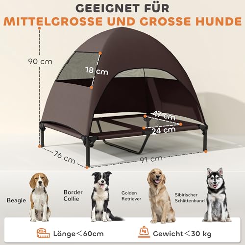 PawHut Hundeliege Outdoor mit Dach, Erhöhtes Hundebett für Große Hunde, Kühlendes Haustierliege mit Waschbares Mesh Stahlrahmen Tragtasche, Haustierbett für Draußen Camping 91x76x90cm, Kaffee