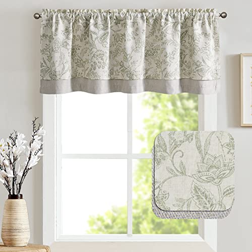 TOPICK Floral Kitchen Curtains Small Cafe Curtains Blackout Double Layer Curtain Valance for Sink Living Room Cupboard Rod pocket 1 Panel Green on Beige 18 Inch Drop - Image 2