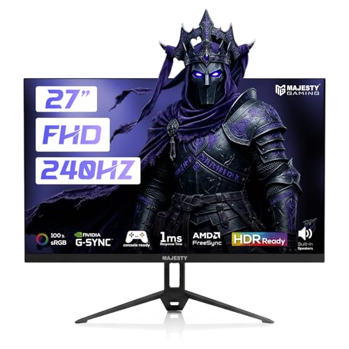 Majesty Gaming Monitor 27 FHD 1920x1080 | IPS | 240Hz | 1ms | HDR | 100% sRGB | G-SYNC & FreeSync | Built-in Speakers | DisplayPort & HDMI | VESA