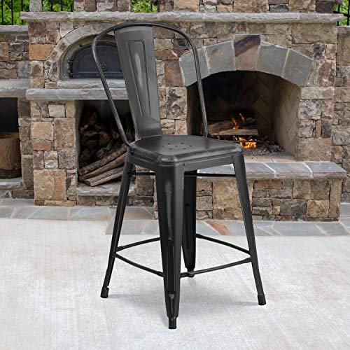 Flash Furniture Commercial Grade 24" High Distressed Black Metal Indoor-Outdoor Counter Height Stool With Back #TOP1