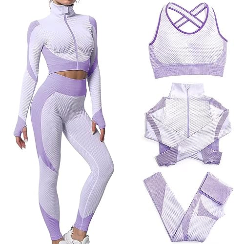 SINBRLAI Women's 3pcs Seamless Workout Outfits Sets, Yoga Sportswear Tracksuit