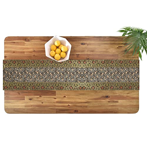 Image of E-EZRA Room Decor Banarasi Silk Handmade Flower V Shape Table Runner Dinning & Centre Table Long Runner Bed Runner Gold Tassels End Size 14 X 80 inches (Black)