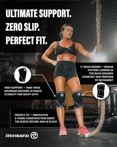 Rehband 7051 Classic 7mm V-Knee-Sleeve for Weightlifting, Competition Grade Powerlifting Knee Sleeve, Compression Sleeve for Crossfit, Squats, Gym, Colour:Black/Red - 1 Pair, Size:Large3