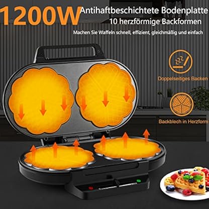 YASHE SW-2122M Waffeleisen Herzform Doppelt, 10 Klassische Herzförmige Waffeln mit Antihaftbeschichtung, 5 Einstellbare Temperaturstufen, Kontrollleuchten, Überlaufschutz, 1200W, Silber/Schwarz – Bild 3
