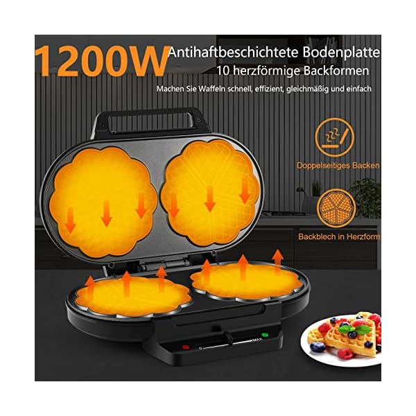 TiastarDoppelwaffeleisen Tiastar Herzwaffeln, Antihaftbeschichtung Herzwaffeleisen Macht 10 klassische Herzförmige Waffeln, Temperaturregler, 1200W, Schwarz – Bild 3