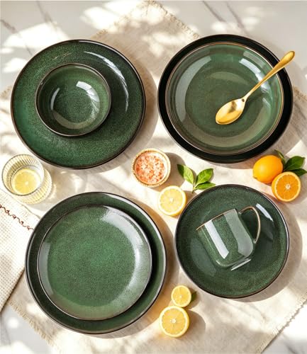 Image of LERATIO Ceramic Dinnerware Sets for 4,16-Piece Reactive Glaze Plates and Bowls Set with Mugs,Highly Chip and Crack Resistant | Dishwasher,Microwave & Oven Safe Dishes set-Green