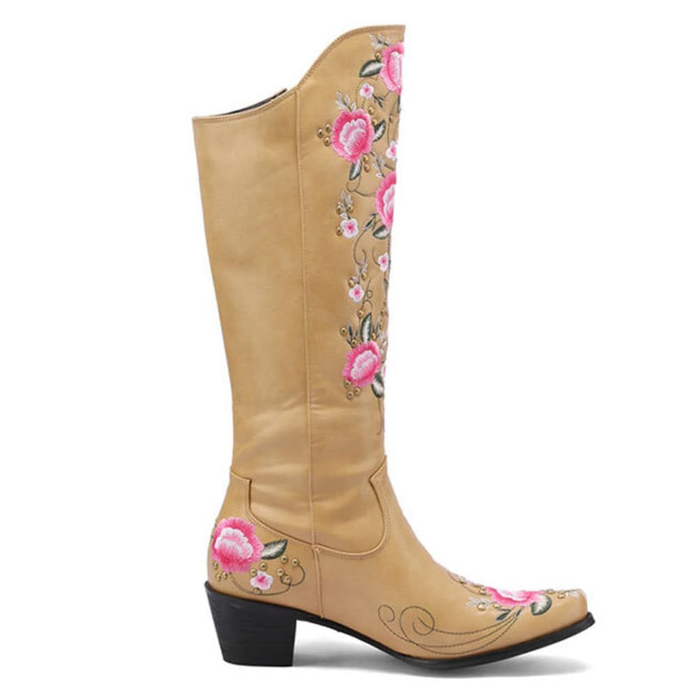 Stivali Western Donna al Ginocchio in Pelle con Ricamo Floreale E Frange Laterali Eleganti per Feste Festival Country