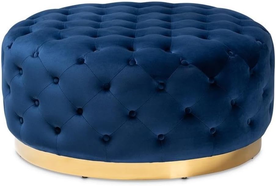 BOWERY HILL Round Velvet Upholstered Cocktail Ottoman, Royal Blue, Gold Finish, 35.43" Wide, Button Tufted Foam Padding, Versatile Coffee Table or Extra Seating for Living Room or Lounge Use