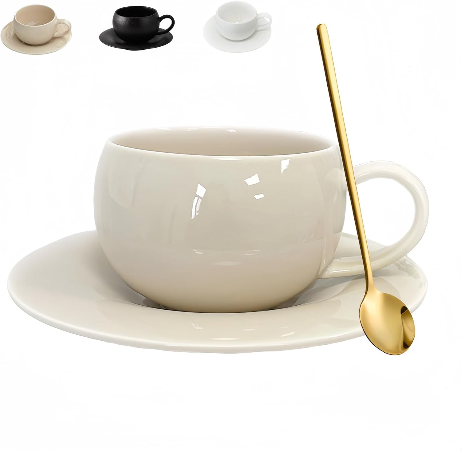 ARISKEY Coffee Mug Set of 2,9.5oz/280ml Ceramic Tea Cup and Saucer Set with Spoon Perfect for Latte and Milk,Gift for Mother,Friends and Family(Creamy White)