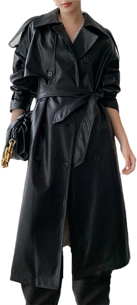 Haitpant Women's Oversized Black Faux Leather Trench Coat Raglan Long Sleeve Double Breasted Korean Long Coat