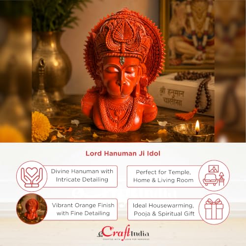 Image of eCraftIndia Lord Hanuman Ji Idol for Home Decor | Orange Hanuman Bust Statue with Intricate Detailing | Spiritual Decorative Showpiece for Temple, Living Room & Gifting