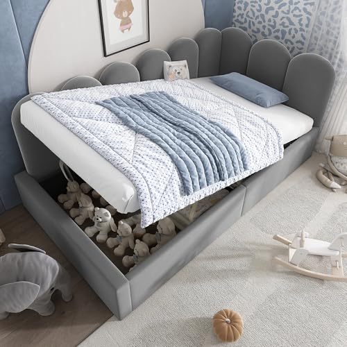 Divano Letto Imbottito 90x190 cm, letto Singolo con Contenitore Idraulico, Struttura del Letto con Rete a doghe in Metallo,Tessuto in Velluto, Testiere Laterali con Posizioni Intercambiabili, Grigio