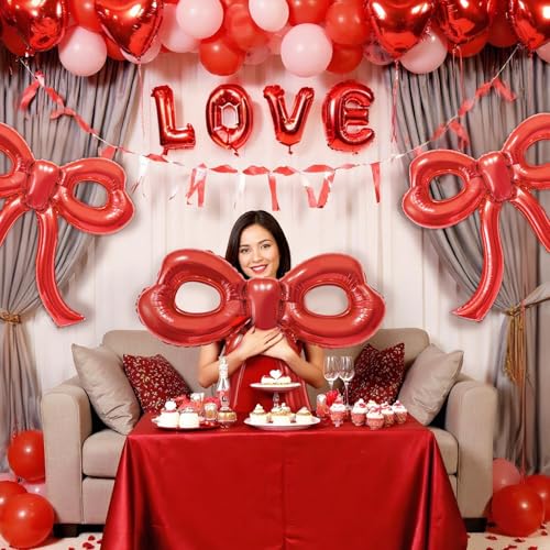 Image of 4 Pcs Red Bow Balloons Bow Party Decorations for Girl Women Red Bow Birthday Decorations Giant Foil Balloon for Baby Shower Engagement Wedding Christmas Decor Bachelorette Party Supplies
