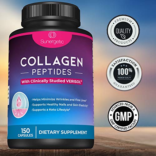 Image of Sunergetic Premium Collagen Peptides Capsules - 2500 mg of VERISOL Collagen Peptides Type 1 & Type 3 - Multi Collagen Supplement to Support Joint Health, Hair, Skin & Nails - 150 Collagen Capsules