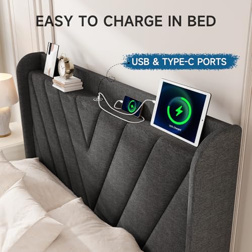 Image of koorlian Full Size Bed Frame, Full Bed Frame with Headboard, Adjustable Upholstered Bed Frame with Type-C&USB Port, Wingback Storage Headboard, Noiseless, No Box Spring Needed, Dark Gray