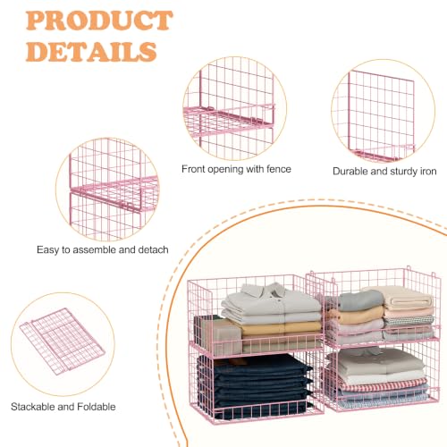 Image of 4-Tier Closet Organizers and Storage, Stackable Closet Organizer Basket, Foldable Closet Shelf Organizer Basket, Stackable Storage Bins and Organizer Shelves for Home Closet Organizer System, Pink