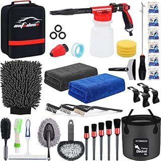 AUTODECO 35Pcs Car Wash Cleaning Kit with Foam Gun Sprayer Black Canvas Bag Collapsible Bucket Wash Mitt Sponge Towels Tire Brush Window Scraper Duster Complete Interior Exterior Car Detailing Set