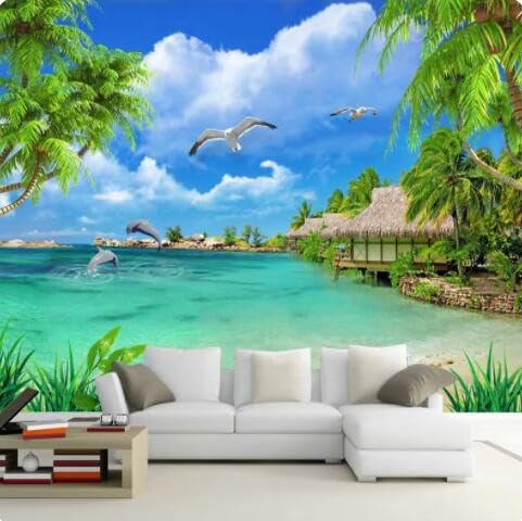 Peinture murale 3D cocotiers et plage pour un salon élégant