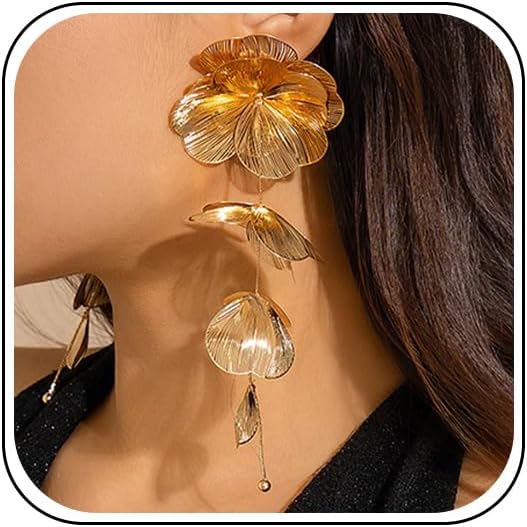 Gold Large Flower Earrings for Women Dangling Chunky Big Long Floral Dangle Statement Earring Trendy Layered Filigree Petal Earring Unique Weird Jewelry