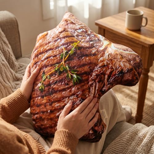 Oreiller à steak en peluche marron coussin de canapé réaliste 40x35 cm