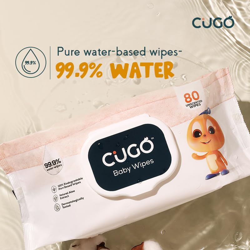 Cugo Baby Wipes pack with a water droplet icon and '99.9% WATER' text.