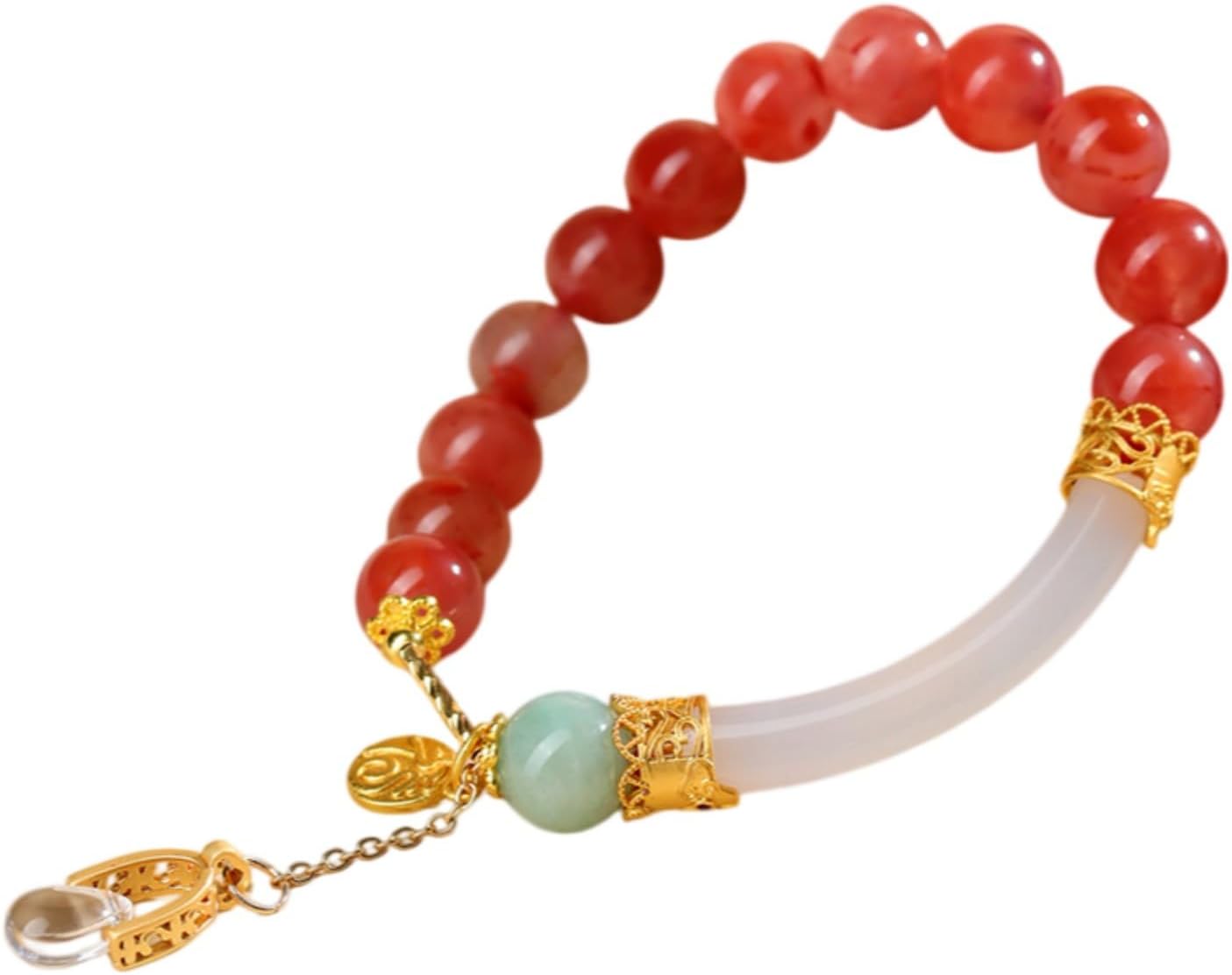 DorkTees (Z195南红+白玛瑙半镯手链) 南红玛瑙 Fengshui Jade Bracelet Lucky Charm 手链国潮新中式白玛瑙半镯文艺复古原创女士手饰