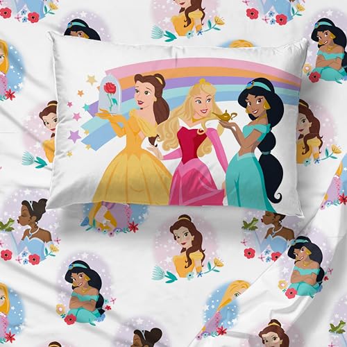 Image of Sunny Side Up Disney Princess Full Sheet Set - 4 Piece Kids Bedding Set Includes Pillow Cover - Super Soft Rainbow Microfiber Sheets Moana, Belle & Rapunzel
