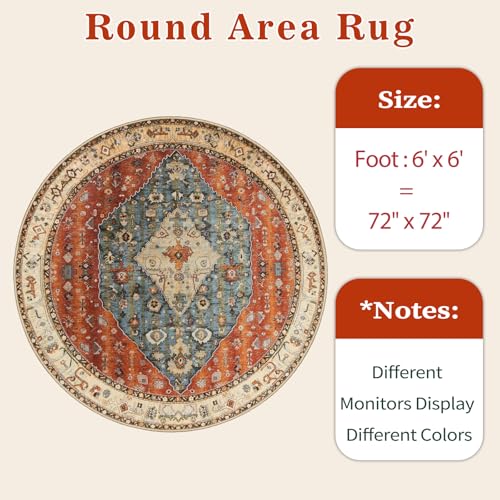 SERISSA Boho Round Area Rug, 6ft Washable Non-Slip Circle Rug, Ultra Soft Oriental Vintage Tribal Low-Pile Circular Carpet for Bedroom Entryway Kids Room Office College Dorm Living Room