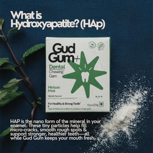Image of Gud Gum Remineralizing Gum with Hydroxyapatite & Xylitol - Sugar-Free Chewing Gum for Fresh Breath & Oral Health - Tree Sap Base, Aspartame-Free, Gluten-Free - Natural Mellow Mint, 2 Pack
