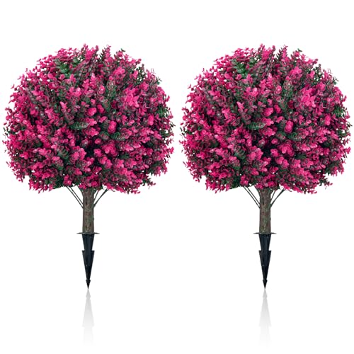 24' Artificial Pink Eucalyptus Topiary Ball Tree Set of 2, UV Resistant Fade-Proof Faux Evergreen...