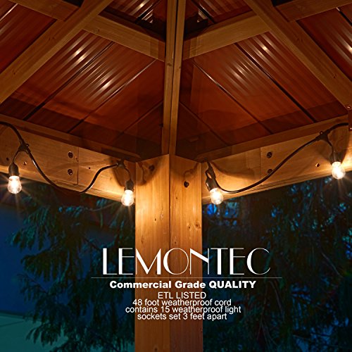Lemontec Commercial Grade Outdoor String Lights With 15 Hanging Sockets - 48 Ft Black Weatherproof Cord Weatherproof Strand For Patio Garden Porch Backyard Party Deck Yard – S14 Black #TOP3