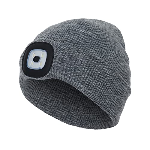 Kinder LED Beanie Mützen, CestMall Kinder USB Wiederaufladbare Mützen mit 3 Modi & 4 LED Scheinwerfer Freihändig Gestrickte Taschenlampenmütze Winter Warme Strick Nachtmützen für Jungen Mädchen (Grau) Cover