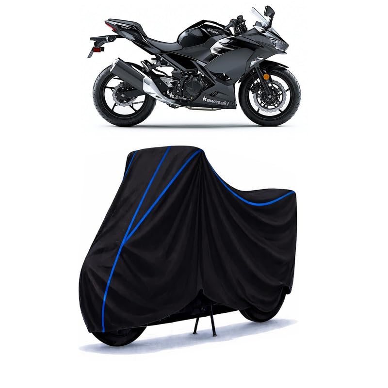 Image of Ninja 400 Bike Cover Water Resistant Universal Motorcycle Rain | Heavy Duty UV Protection, Dust, Scratch Indoor Outdoor All Weather with Black Blue Piping Elastic