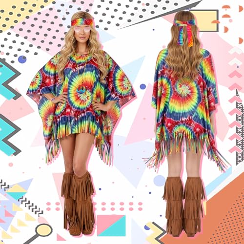Carreuty 70s Hippie Costumes Women Fancy Dress, Boho 60s 70s Costume Accessories 60s Retro Festival Outfit Fringe Leg Covers Peace Necklace Earrings Sunglasses Hand Rope Retro Disco Fancy Dress - Image 2