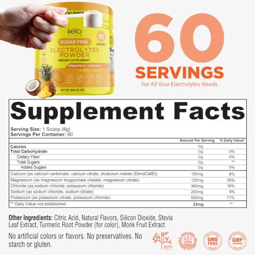 Image of Keto Vitals Electrolytes Powder - Sugar Free Keto Electrolytes Powder with Potassium, Magnesium, Sodium, & Calcium - No Sugar Electrolyte Drink Mix & Hydration Powder, 60 Servings, Pineapple Coconut