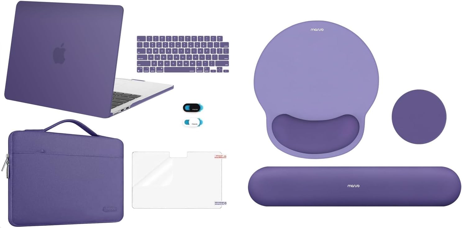 MOSISO Circle Curved Wrist Rest Support for Mouse Pad&Keyboard Set&Compatible with MacBook Air 13 inch Case 2024-2022 M3 M2, Case&Sleeve Bag&Keyboard Skin&Webcam Cover&Screen Film, Imperial Purple