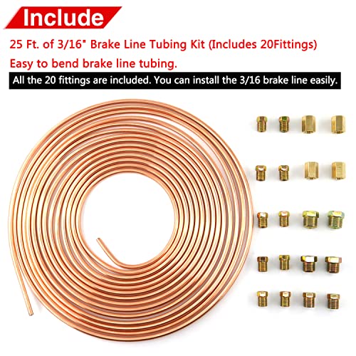 Brake Line Tubing Kit - 25 Ft 3/16 Copper Coated Flexible Tube With 16 Fittings And 4 Unions Brake Line Fittings+Double & Single Flaring Tool Kit With Extra Adapters, 45 Degrees #TOP1