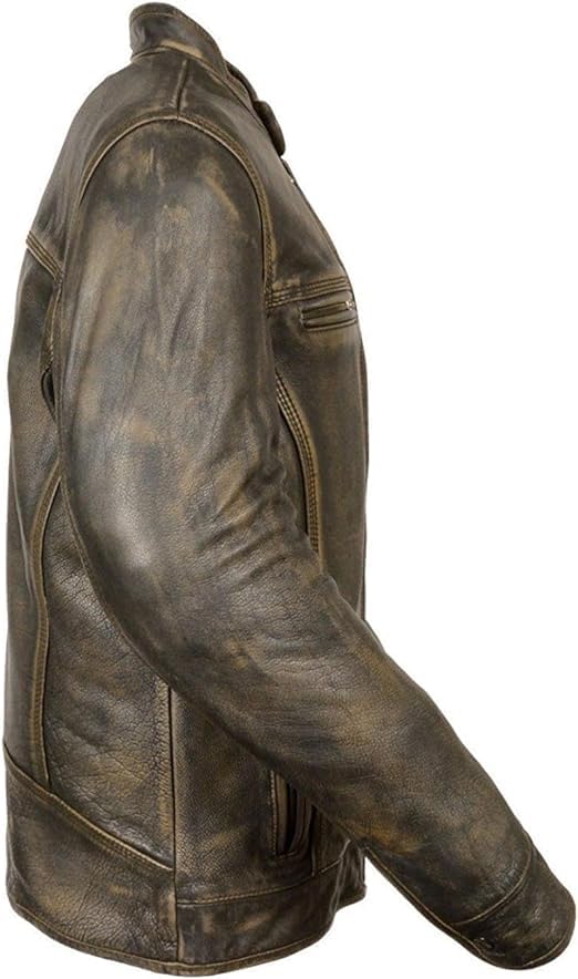 Image of Men's Leather Jacket Cafe Racer Biker Style Retro Stripes Jacket, Motorcycle Racing Leather Jacket Men