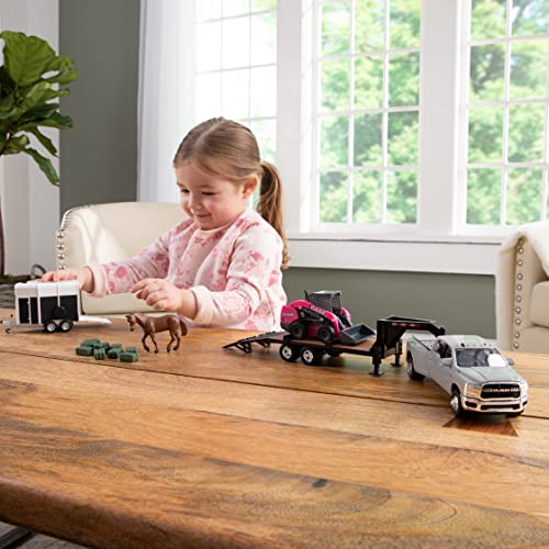 ERTL CASE Construction Farm Play Set — 1:32 Scale — Includes Pink SV340B Skid Loader, RAM Pickup Truck Toy, Gooseneck Trailer, Horse Trailer, Horse Toys and Hay Bales - Thumbnail 3