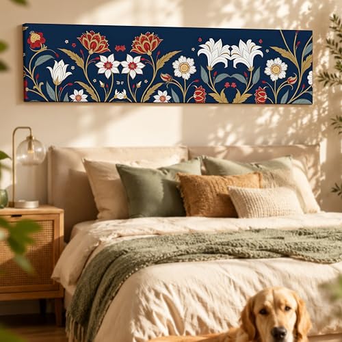 Image of Blue Luxury Floral Botanical Canvas Wall Art Painting For Living Room, Navy Blue Ornamental Flowers Painting, Elegant Panoramic Decorative Wall Art For Home & Office Decor, 12x46 Inch