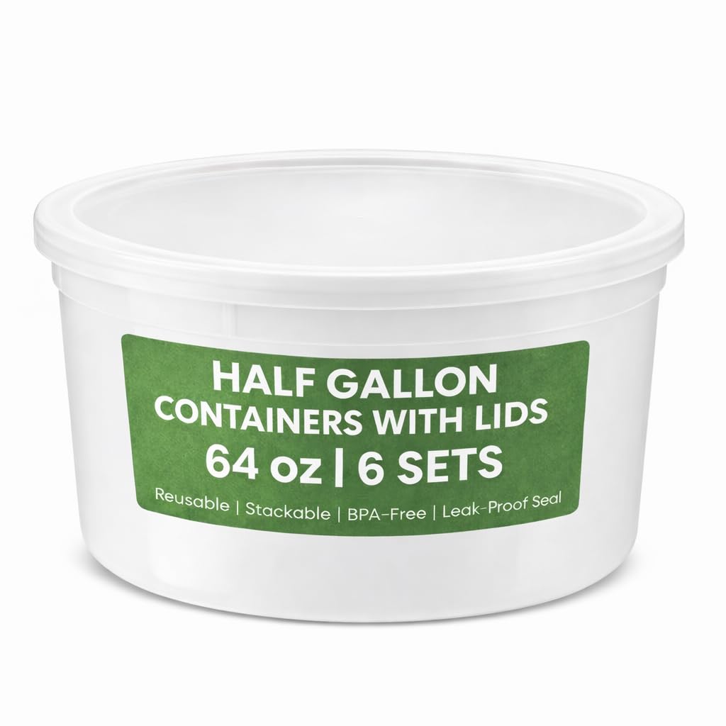 JoyServe 64 oz Plastic Containers with Lids - (Pack of 6) Food Storage Organizer Half Gallon Round Plastic Deli Container with Leak-Proof Lid, BPA-Free, Freezer, Dishwasher & Microwave Safe