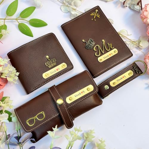 Image of Personalized Name & Charm Leather Mens Combo | Best Gift for Brother, Husband, Boyfriend, Father & Mens Leather Giftset for Diwali Items for Men Friends Family Office Colleagues