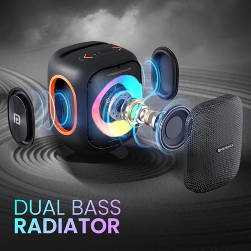 Portronics Dash 10 50W Wireless Bluetooth Party Speaker With Dual Wireless Karaoke Mic, Upto 6 Hours Playtime, Dual Bass Radiator, HD Sound, RGB LED Lights,BT 5.3V,AUX IN,USB In,Type C Charging(Black) 5 51fpE4MIm5L