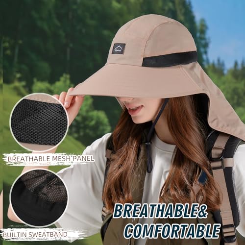 Image of Rosoz Outdoor Sun Hat for Men Women, UPF50+ Protection Safari Cap Wide Brim Mesh Fishing Hat with Neck Flap Beach Garden