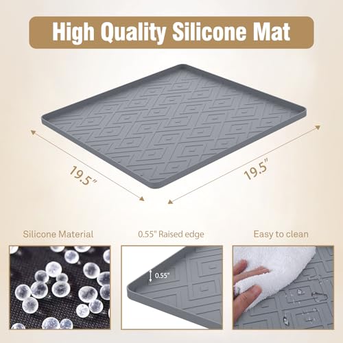 Image of Water Cooler Mat, 19.7 inch x 19.7 inch Silicone Water Dispenser Mat, Non Slip Water Cooler Tray with Raised Edge for Foor Protector, Waterproof Tray for Mini Fridge, Humidifier, Ice Maker, Kitchen (Gray)